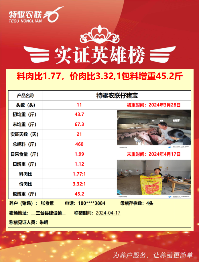 張老板：料肉比1.77，一包料長(zhǎng)45.2斤豬，確實(shí)不錯(cuò)！