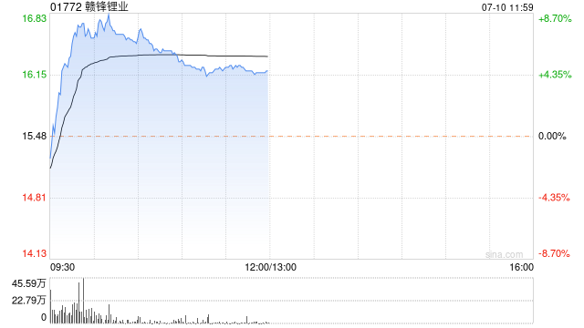 贛鋒鋰業(yè)現(xiàn)漲超8% 上半年扣非凈虧損預(yù)計(jì)為1億至2億元