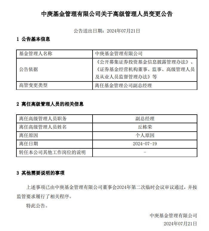 丘棟榮因個人原因離任中庚基金副總經理
