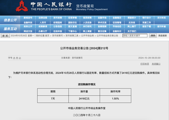 央行今日進行2416億元7天期逆回購操作