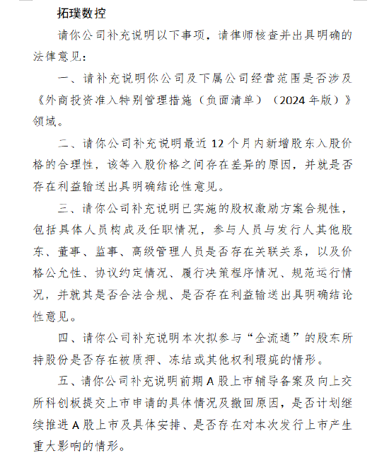 拓璞數控赴港上市收到證監會反饋：是否涉及外商投資負面清單 A股科創板上市撤回原因
