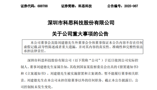 688788，實控人被實施留置和立案調查！