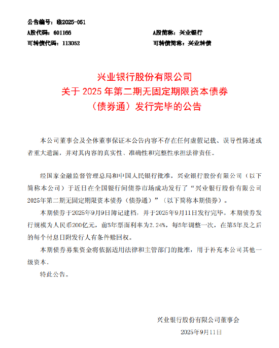 興業(yè)銀行：200億元無固定期限資本債券發(fā)行完畢